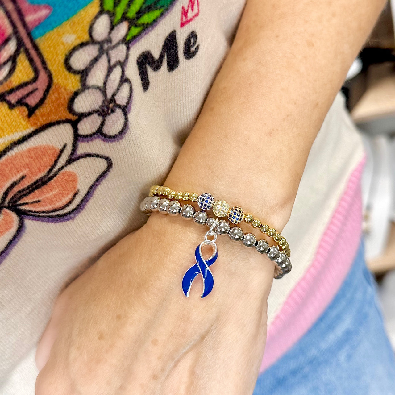 Blue Ribbon T1 Diabetes Awareness Beaded Bracelet