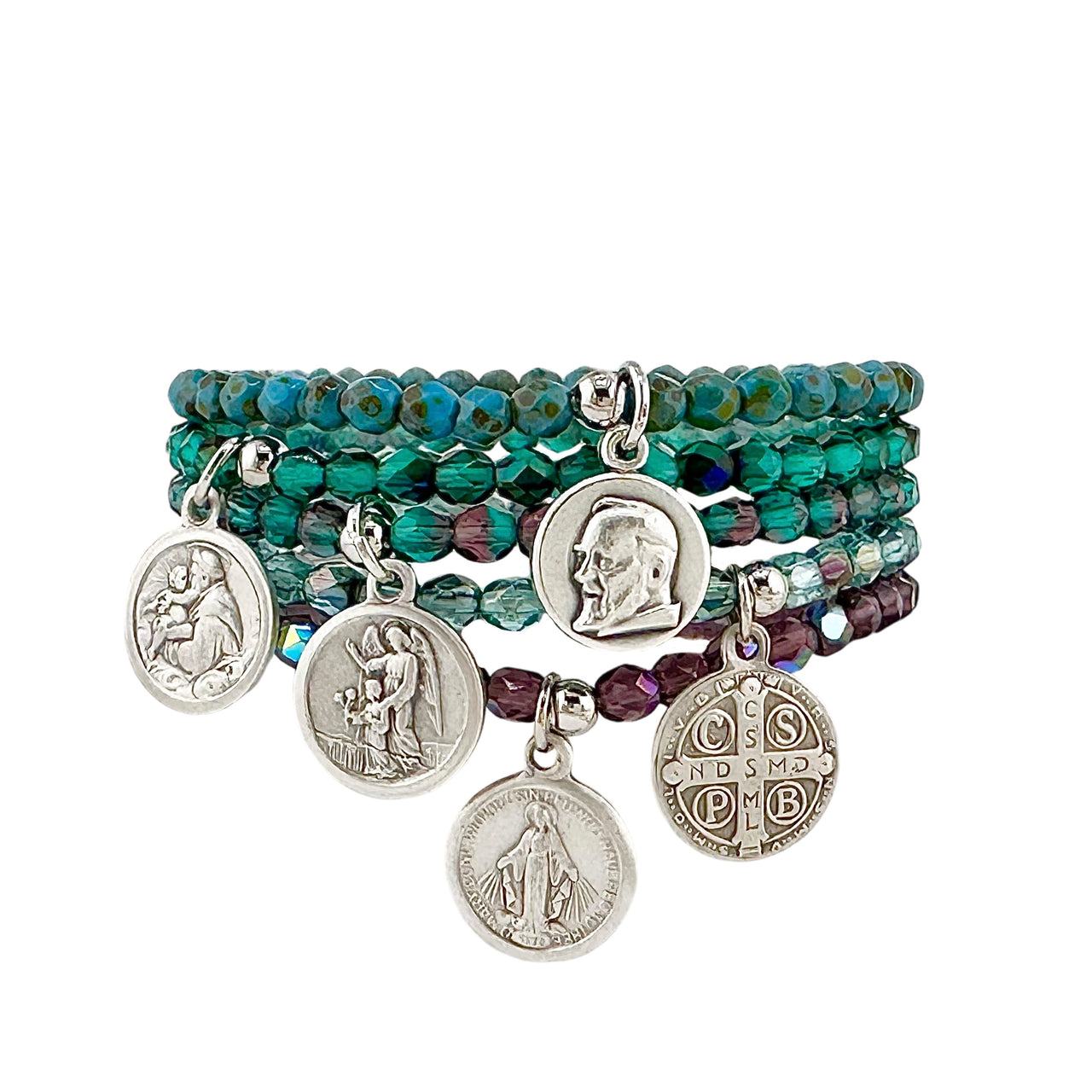 Madison Religious Saint Stack of Green & Purple Crystal Bracelets