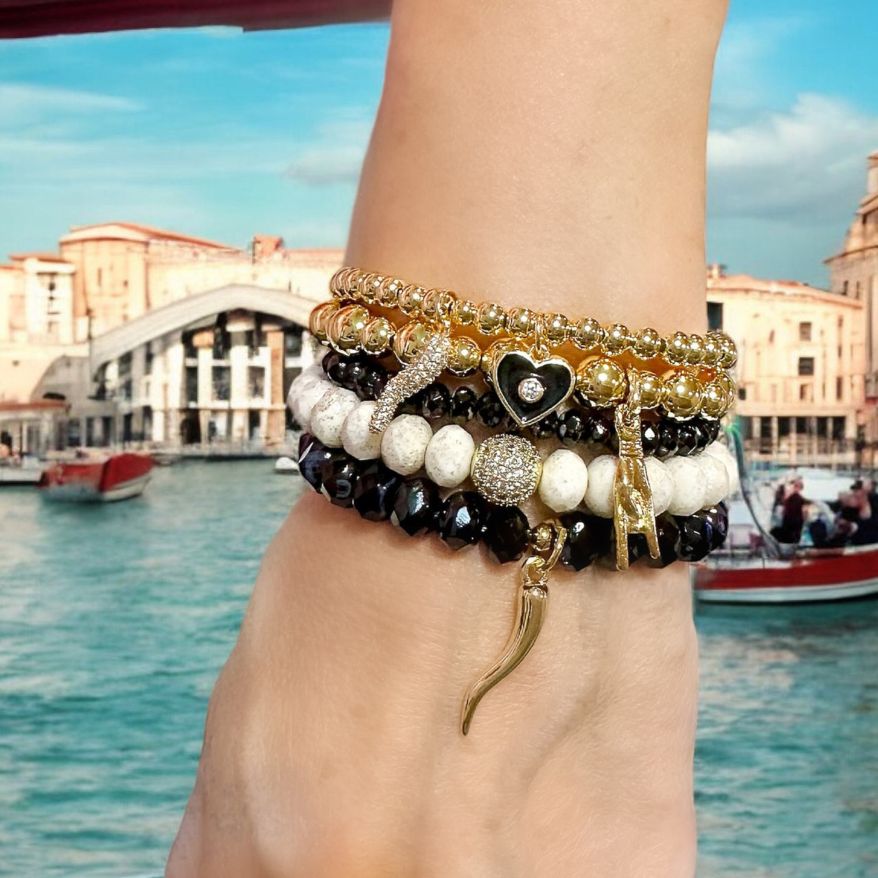 Gianna Italian Horn Stack of Beaded Bracelets